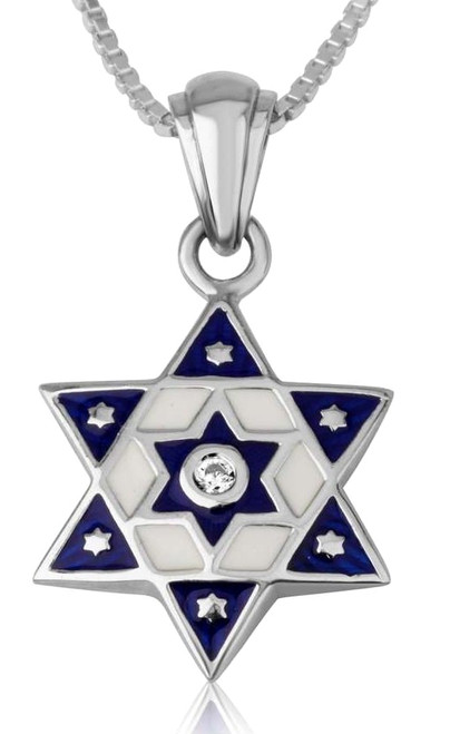 Blue and White Silver Star of David Necklace with Jerusalem