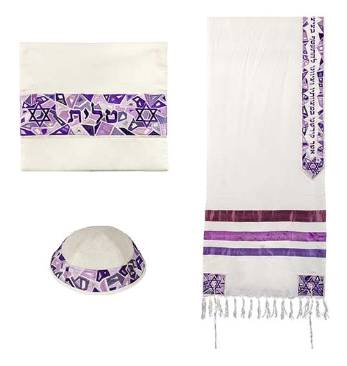 Modern Tallit Set with Bag and Kippah - Purple Stars of David