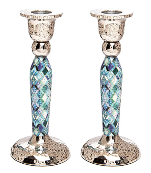 Modern Shabbat Candlesticks - Blue Geometric Design Modern Shabbat Candlesticks - Blue Geometric Design