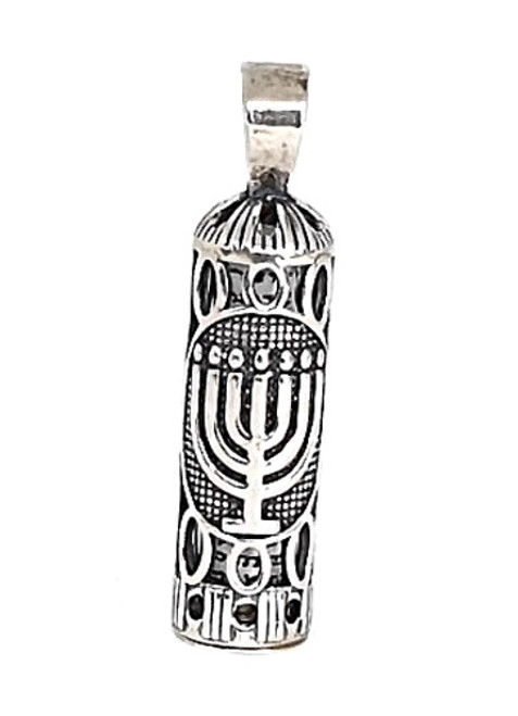 Sterling Silver Mezuzah Pendant with Shema Scroll - Menorah Design