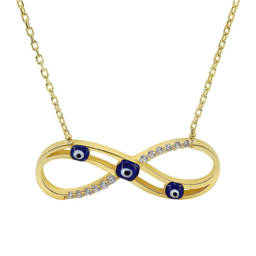 10K Yellow Gold Infinity Sign Necklace with Evil Eyes