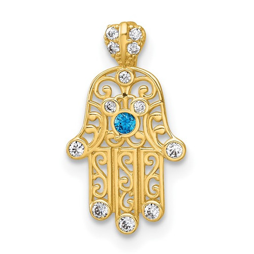 14K Yellow Gold White and Blue CZ Hamsa Pendant