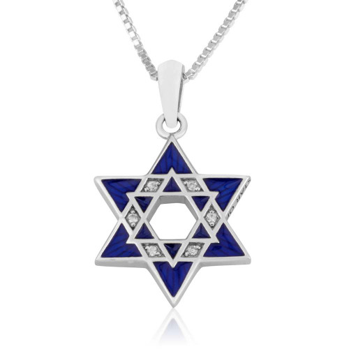 Sterling Silver Star of David Pendant with Blue Enamel and Crystals