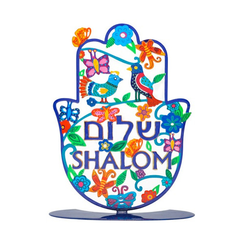 Colorful Hamsa Stand with Shalom in Hebrew and English