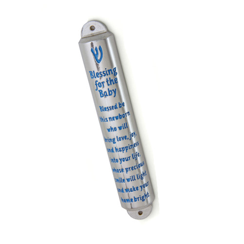 Baby Boy Blessing Pewter Mezuzah – Blue Lettering
