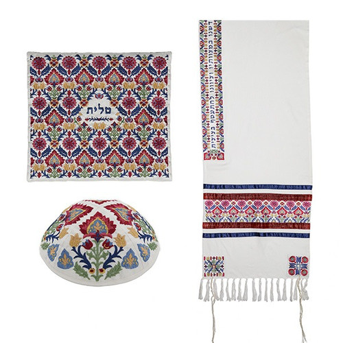 Embroidered Tallit Set with Colorful Floral Design