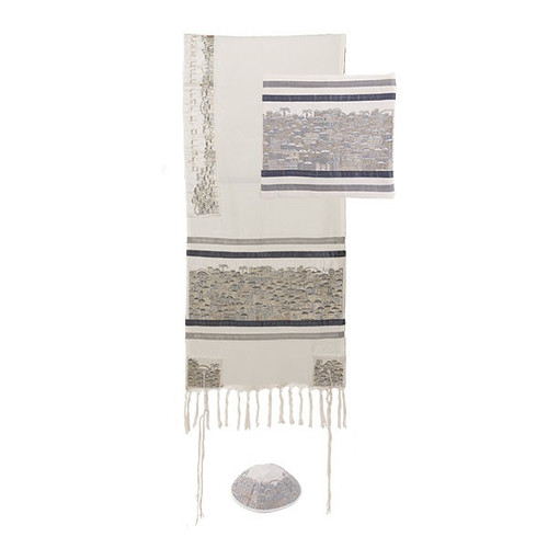 Embroidered Tallit Set - Jerusalem in Silver