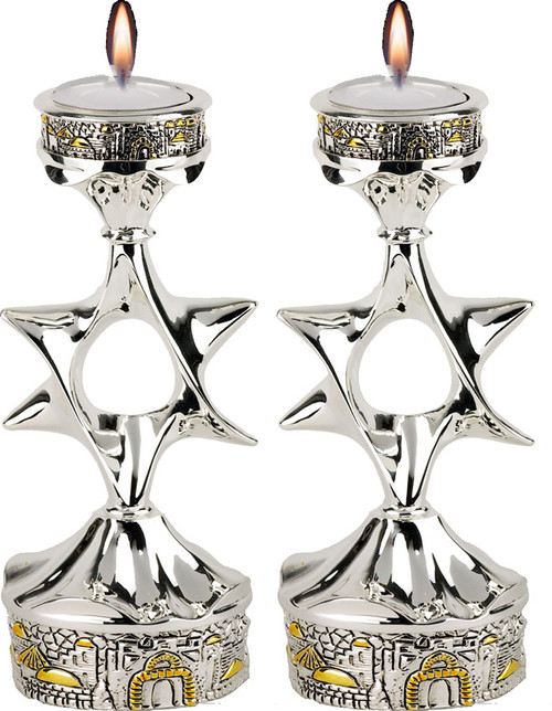 Star of David Candlesticks with Jerusalem Cityscape Design