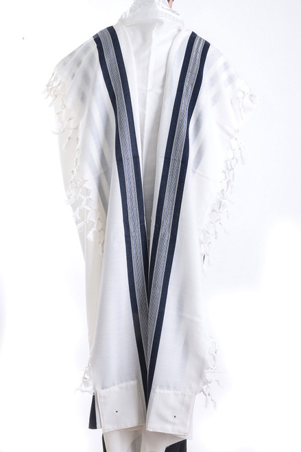 Wool Tallit with Dark Blue Stripes - Non Slip