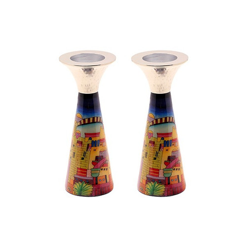 Painted Jerusalem Shabbat Candlesticks