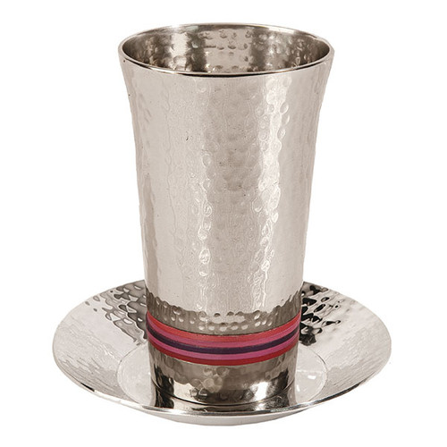 Hammered Stainless Steel Kiddush Cup with Maroon Rings