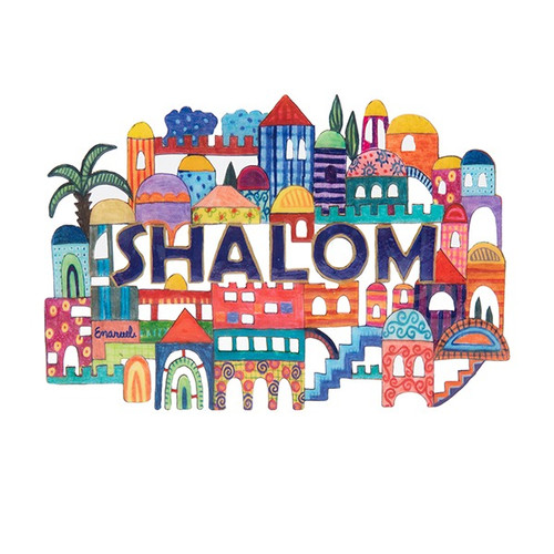 Hand-Painted Metal Shalom Wall Hanging with Jerusalem Design