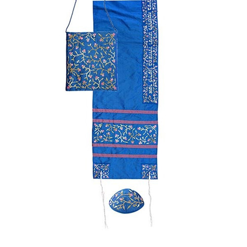 Royal Blue Raw Silk Tallit Set with Embroidered Floral Design