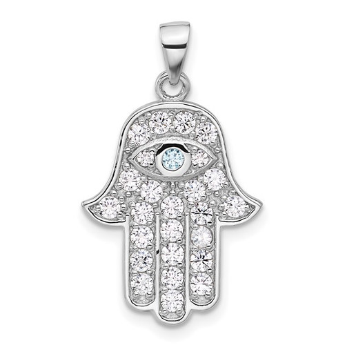 Rhodium-Plated Sterling Silver Hamsa Pendant with Blue and White Crystals