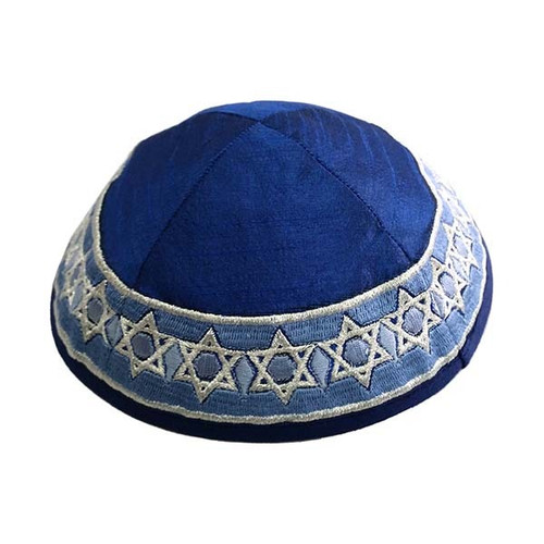 Blue Raw Silk Kippah with Silver Magen David Embroidery