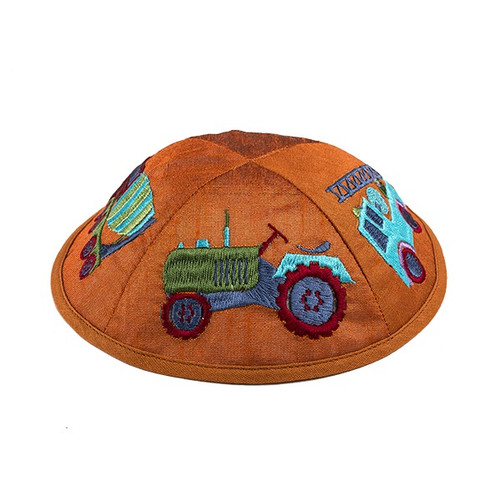 Orange Kids Raw Silk Kippah with Embroidered Trucks