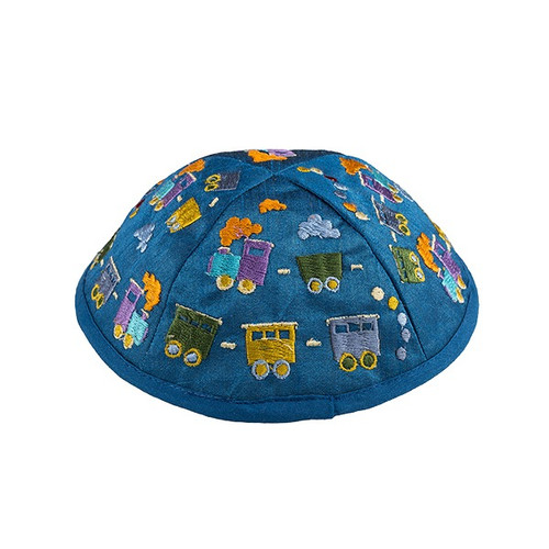 Blue Raw Silk Kippah with Embroidered Train Design