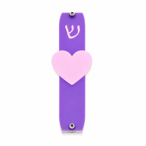 Purple Mezuzah Case with Baby Pink Heart for Kids