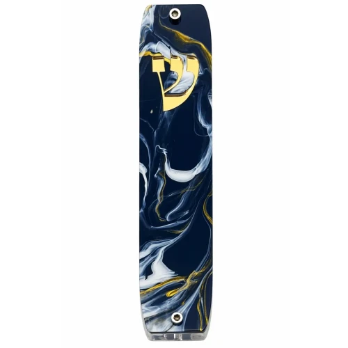 Dark Blue Marble-Style Acrylic Mezuzah Case with Gold Shin