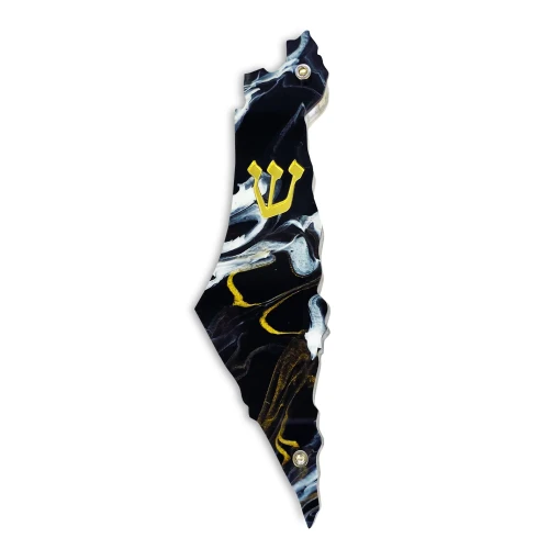 Map of Israel Mezuzah Case with Black Marble Design and Gold Shin