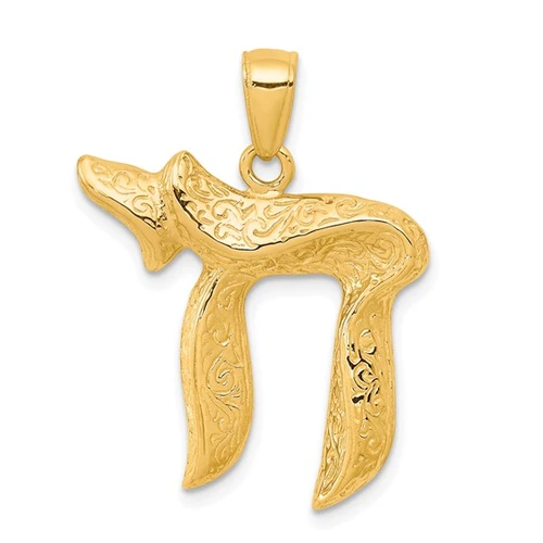 10K Yellow Gold Chai Pendant with Textured Scrollwork