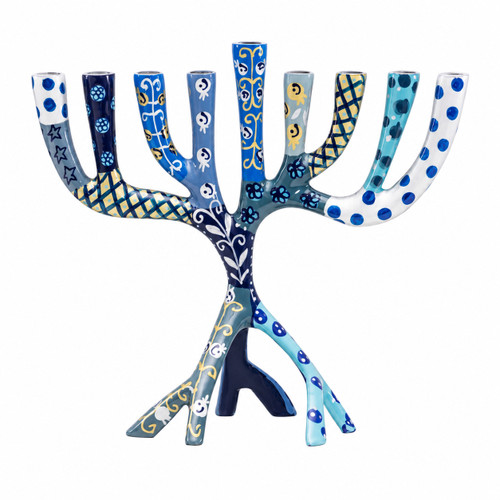 Hand-Painted Blue Tree of Life Hanukkah Menorah