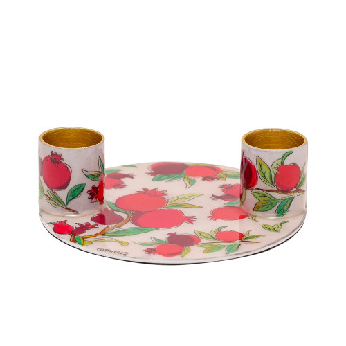 Double Shabbat Candle Holder with Hand-Painted Pomegranates