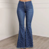 Solid Beading High Waist Flare Jeans