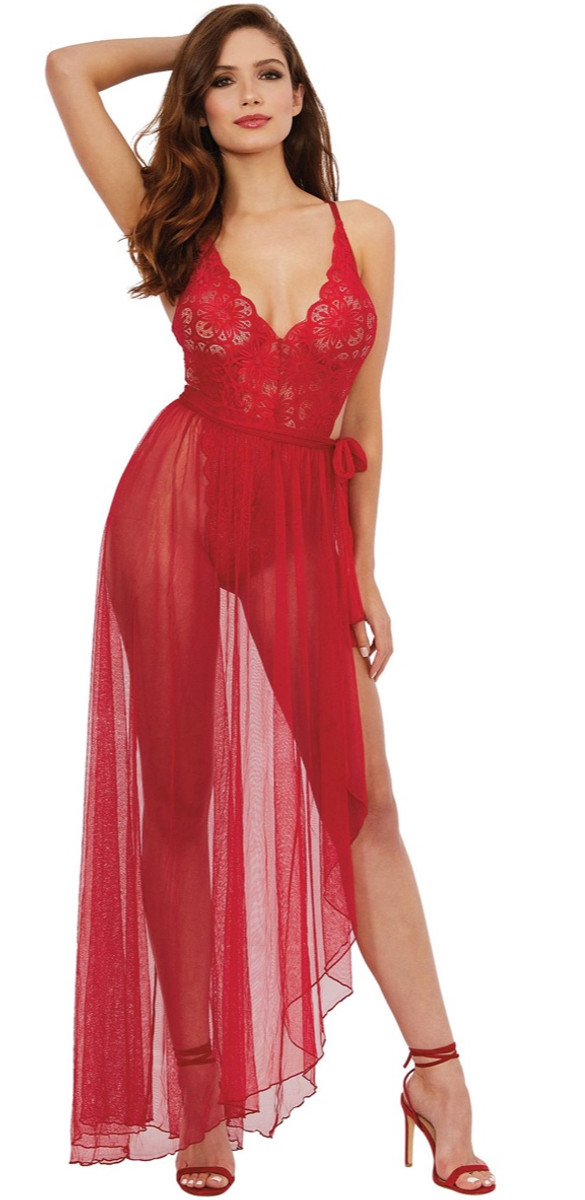 Dreamgirl 10996 - Mosaic Stretch Rose Pink Lace Teddy and Sheer Mesh Maxi  Skirt