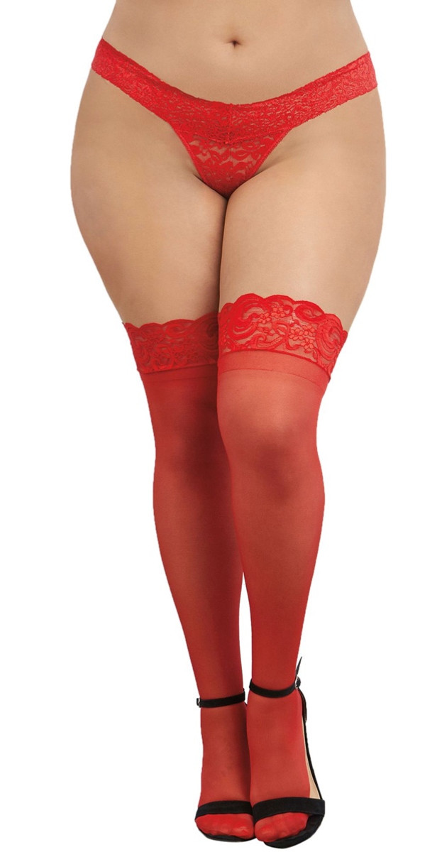 Plus Size Sheer Red Thigh High Stockings with Stay Up Silicone Lace Top