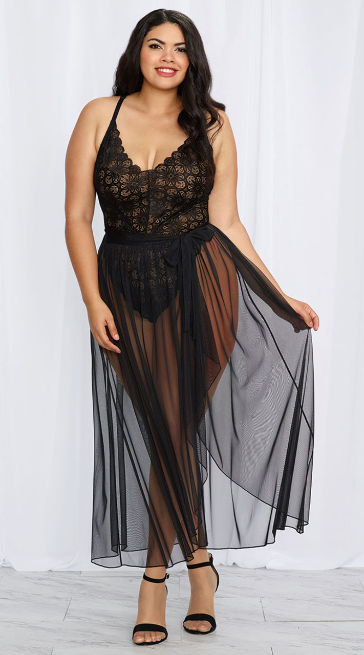Dreamgirl 10996x - Plus Size Mosaic Stretch Black Lace and Sheer Mesh Maxi Skirt