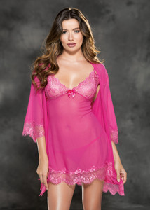 Hot Pink Mesh and Lace Peignoir Set