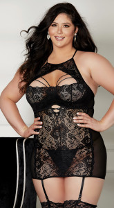 Plus Size Textronic Stretch Black Lace Gartered Chemise