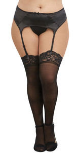Plus Size Black Sheer Thigh High Stockings with Lace Top