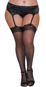 Plus Size Black Red Fishnet Thigh High Stockings with Lace Top