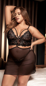 Plus Size Versatile Black Mesh and Lace Babydoll Set