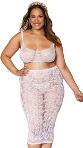 Plus Size Seamless Sheer Lace Bralette and Slip Skirt