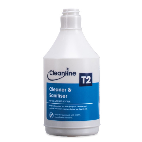Cleanline T2 Cleaner & Sanitiser Trigger Bottle (Empty) 750ML Cleanline T2 Cleaner & Sanitiser Trigger Bottle (Empty) 750ML