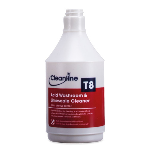 Cleanline T8 Washroom Cleaner & Limescale Remover Trigger Bottle (Empty) 750ML Cleanline T8 Washroom Cleaner & Limescale Remover Trigger Bottle (Empty) 750ML