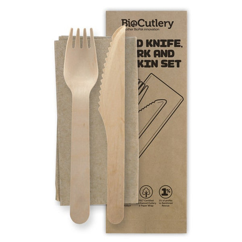 16cm Coated FSC™ Birchwood Wood Knife, Fork & Napkin Set