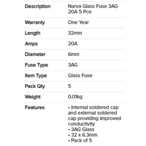 Glass Fuse 20amp 52320BL