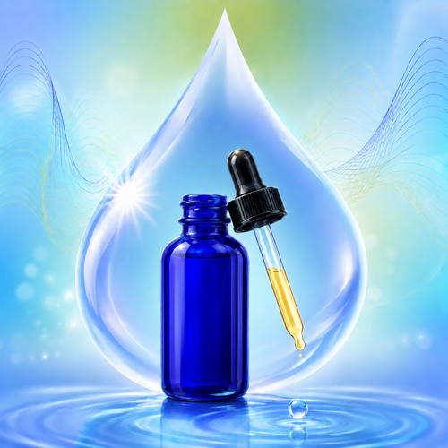 Illustration of a cobalt blue dropper bottle with a filled dropper, standing on rippling water inside a large translucent water drop with frequency waves in the background