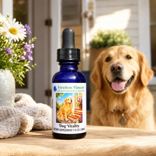 A bottle of Dog Vitality on a wooden round table with a golden retriever smiling in the background. 