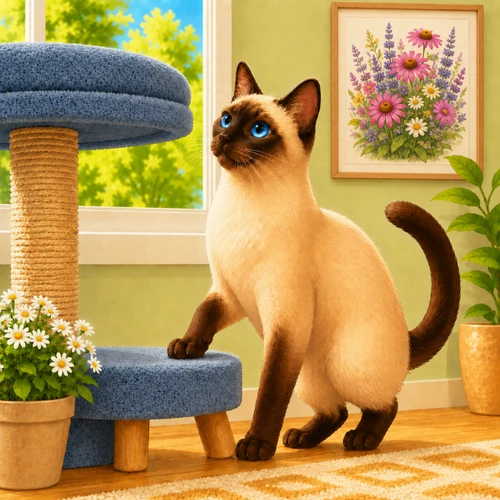 A Siamese cat with blue eyes rests one front paw on the lowest step of a blue carpeted cat tree, looking up toward the platform above. A sunlit living room with a framed wildflower print sits behind the cat.
