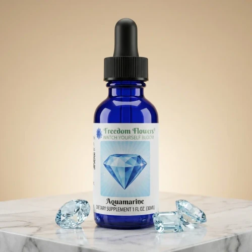 Aquamarine Divine Gem Essence bottle with cut aquamarine gemstones