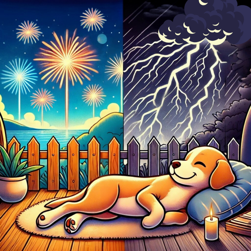 Illustration from bottle label of a dog laying calmly on a porch with a split background of half fireworks and half storm cloud with lightning. 