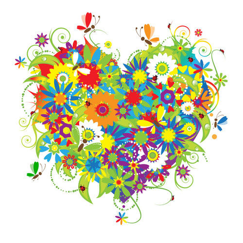Graphic from bottle label:
Illustration of  a heart made of many colorful flowers