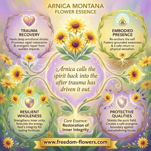 Soft, glowing watercolor graphic in lavender, gold, and green. Bright yellow arnica montana flowers bloom across the center and edges. Title at top: "Arnica Montana Flower Essence." A central italic line reads: "Arnica calls the spirit back into the [body] after trauma has driven it out," with a subtitle "Core Essence: Restoration of Inner Integrity." Four leaf-wreathed circular panels, one in each corner: "Trauma Recovery — Heals deep emotional shocks. Promotes rapid restoration & energetic repair from sudden impacts" (broken-heart icon); "Embodied Presence — Re-anchors the self. Fosters grounded awareness & a safe return to physical sensation" (glowing rooted figure); "Resilient Wholeness — Strengthens inner unity. Rebuilds the energy field's integrity for lasting fortitude" (shield icon); and "Protective Qualities — Shields the auric field. Creates a safe energetic boundary against overwhelming forces" (shield deflecting arrows). 
