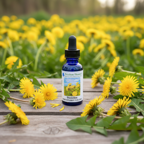 Dandelion flower essence bottle sitting on wood with loads of dandelions around and behind it.