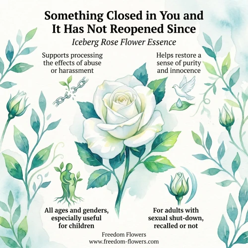 Watercolor graphic in soft greens and blue-white. A creamy white rose blooms center-frame, framed by trailing leafy vines. Headline: "Something Closed in You and It Has Not Reopened Since — Iceberg Rose Flower Essence." Four captions with icons: a breaking chain with a new sprout ("Supports processing the effects of abuse or harassment"), a dove with a water drop ("Helps restore a sense of purity and innocence"), two rooted figures embracing ("All ages and genders, especially useful for children"), and a closed rosebud ("For adults with sexual shut-down, recalled or not"). 